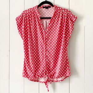 89th & Madison Coral White Polka Dots Knot Retro Vibes Blouse Size Small